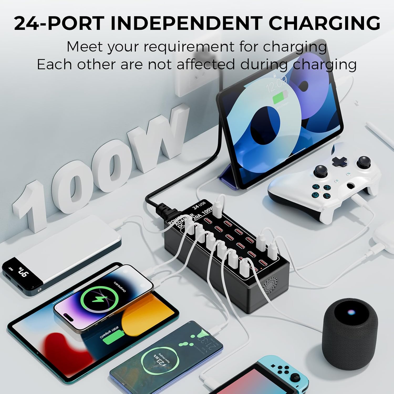 USB Charging Station, 100W/20A 24 Port Desktop Multiple Device Charger Station, Multi Ports Fast Phone Charging Station Organizer, Suitable for School Mall Shop Hotel