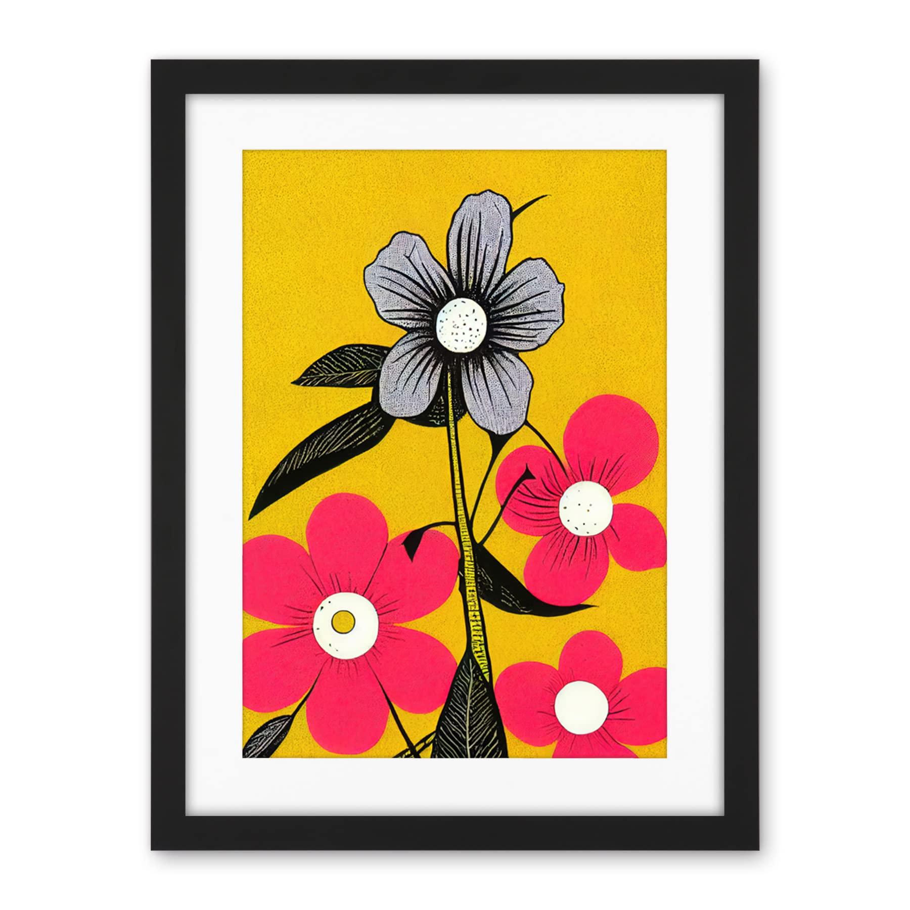 Wee Blue Coo Bold Flowers Linocut Pink And Mustard Yellow Print Artwork Framed Wall Art Print 18X24 Inch