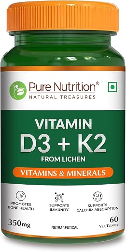 Pure Nutrition Vitamin D3 K2 (60 Tablets) | Vitamin D Supplement with Mk7 For Strong Bones, Immunity, Joint &amp; Heart Health...