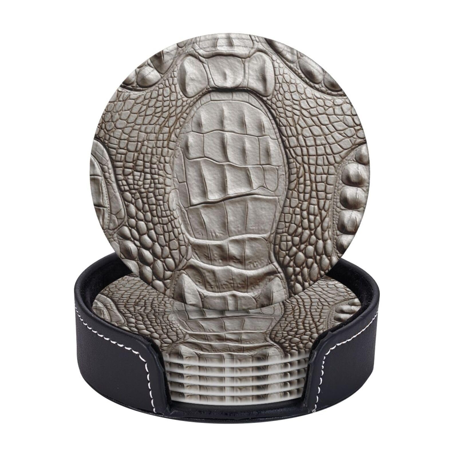 Drink Coasters 6Pcs Round Leather Coaster with Holder Crocodile Leather Texture Coasters for Drinks Coffee Cup Mat Heat Resistant Coaster for Tabletop Protection Desk Accessories Office Home Decor