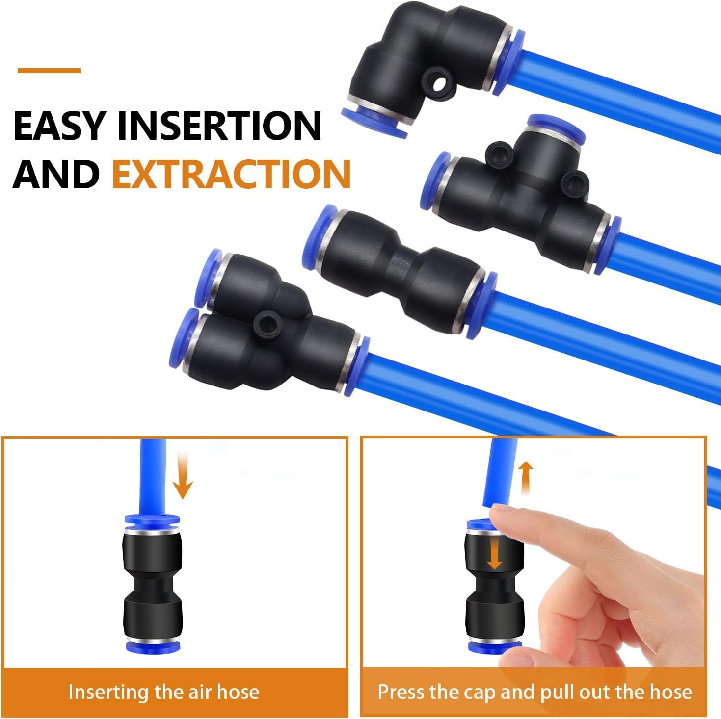 mankk 60PCS 1/4”OD Push to Connect Fittings Air Hose Fittings Quick Release Pneumatic Kit (15 Spliters,15 Elbows,15 Tee,15 Straight) for Air Line 1/4" Tube
