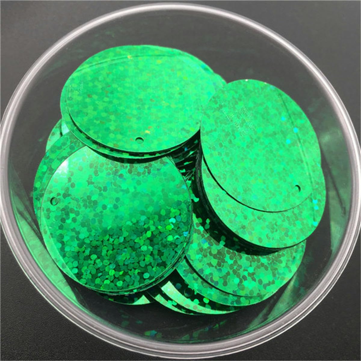 10mm 15mm 20mm 25mm 30mm PVC Piatto Tondo Sciolto Paillettes Paillettes Cucito Accessori Artigianali per Matrimoni con 1 Foro Laterale-Laser Green-15mm 150g