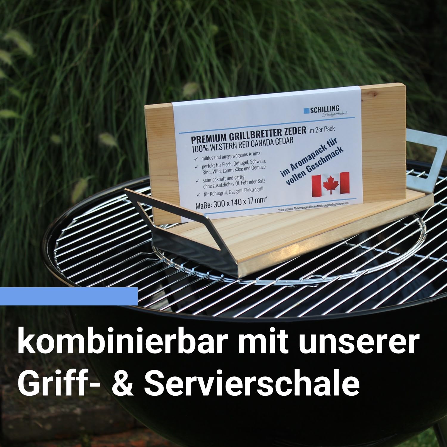 Grillbrett, Räucherbrett, 2er Pack, 30x14x1,7 cm, Zeder, Abtropfrinne, für jedes Grillgut, Fisch, Geflügel, Schwein, Rind, Wild, Lamm, Gemüse