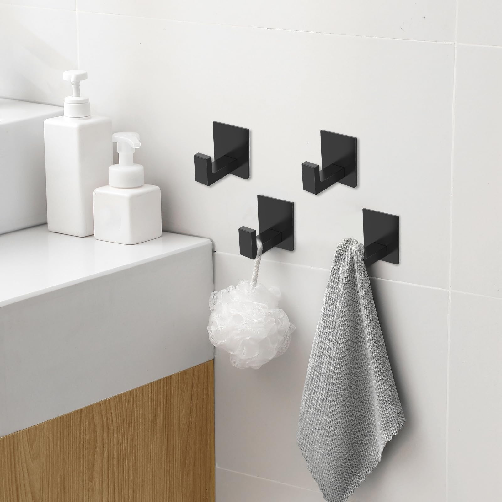 BXUYAOXMC 4 Pcs Self Adhesive Towel Hooks Square Adhesive Hooks No Drilling Adhesive Wall Hooks Matte Black Coat Hooks