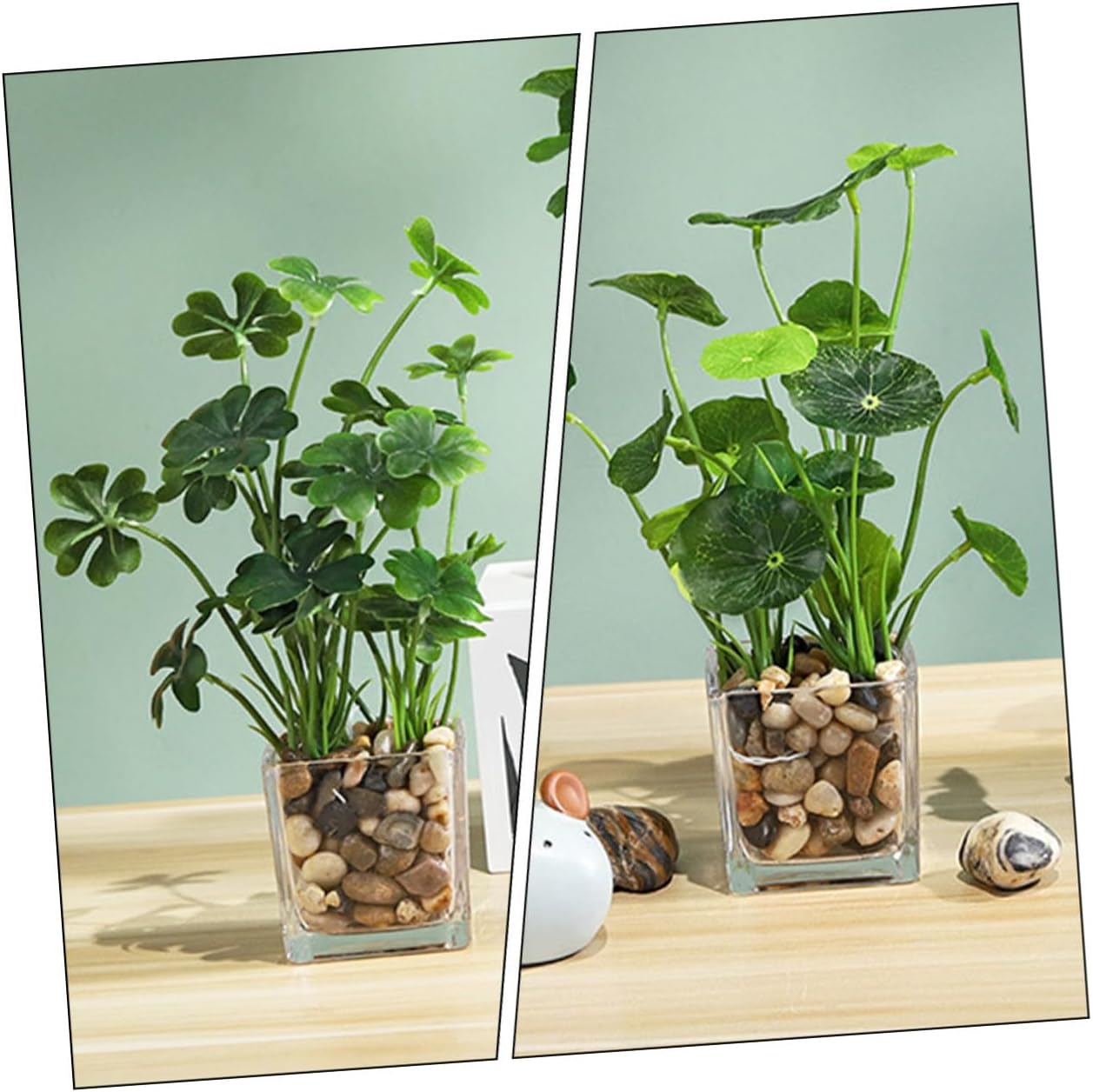 KICHOUSE 2pcs Small Faux Lotus Leaf and Four-Leaf Clover Artificial Bonsai Plants with Mini Ceramic Planters for Home Office Desk Decor and Wedding Floral Arrangements