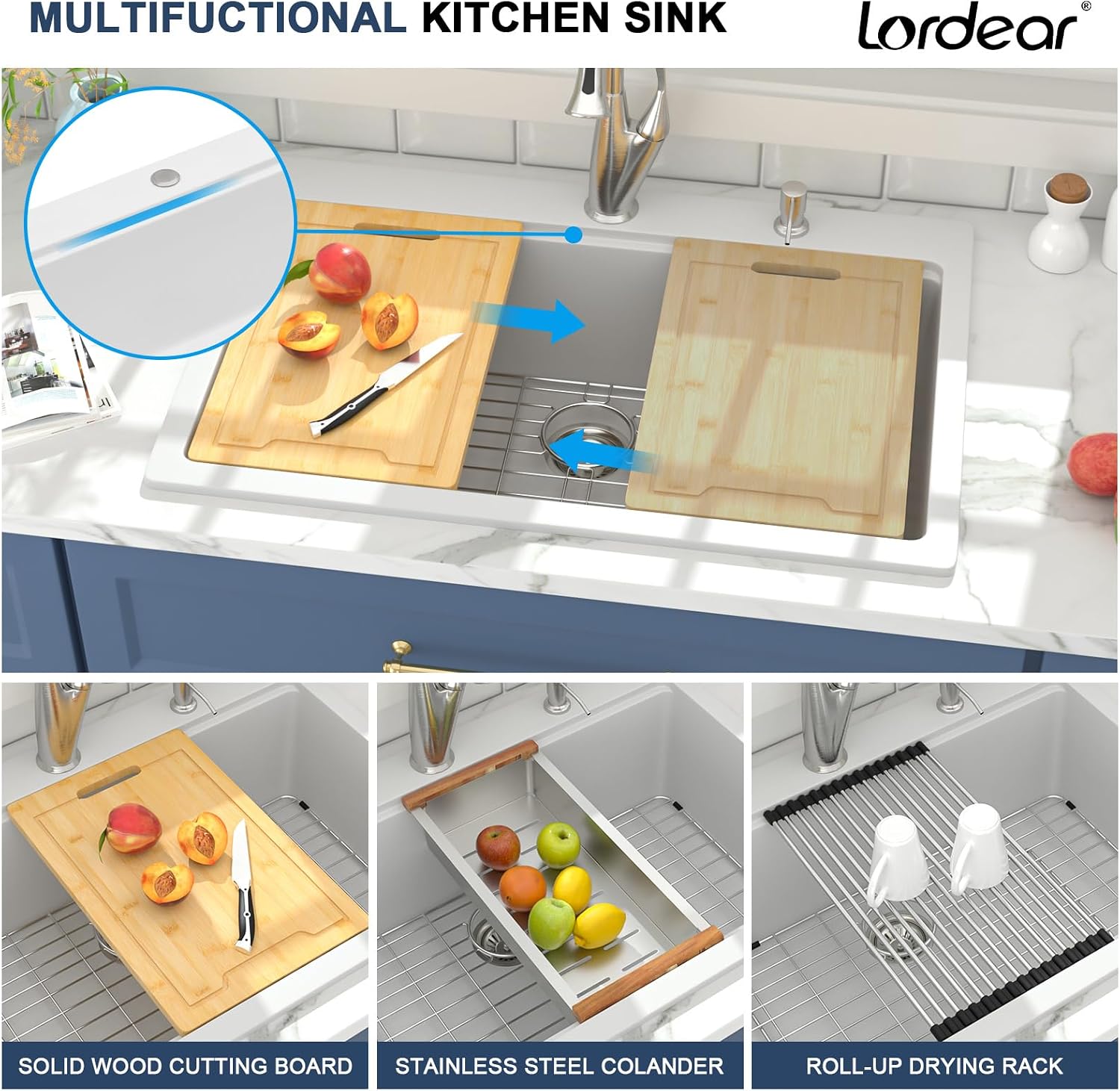 Lordear White Granite Composite Kitchen Sink 33x22 Inch Drop In White Kitchen Sinks Workstation Ledge Quartz Topmount Single Bowl Sink Basin