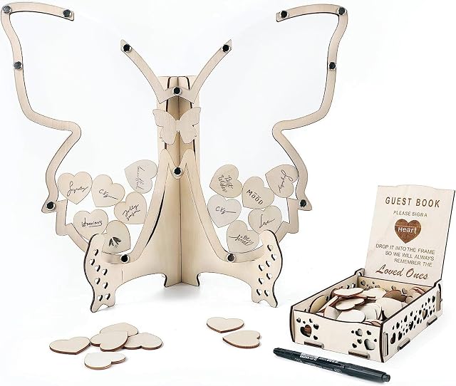 Fonder Mols Butterfly Wedding Guest Book Alternative, Butterfly Guest Book Signs Wood Drop Box Frame for Rustic Wedding Birthday Baby Shower Reception Decorations (with 80 Hearts)