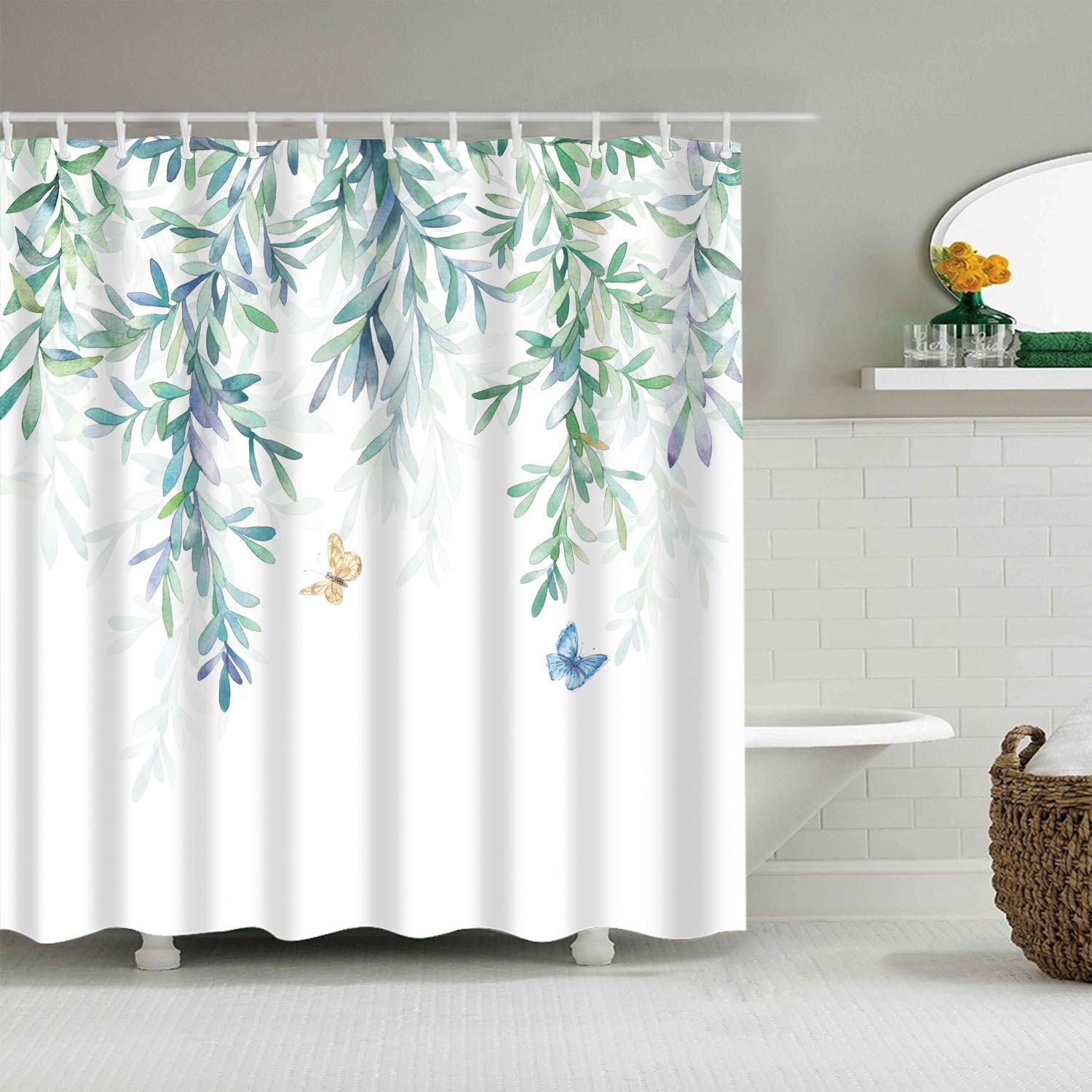 StoneMaxi 180x180cm Flower Shower Curtain for Bathroom, 100% Polyester Fabric Waterproof Anti-Mould Proof Resistant, Quick-Drying, Washable with 12 Pcs Hooks (71 x 71 Inch) (Leaf-15)
