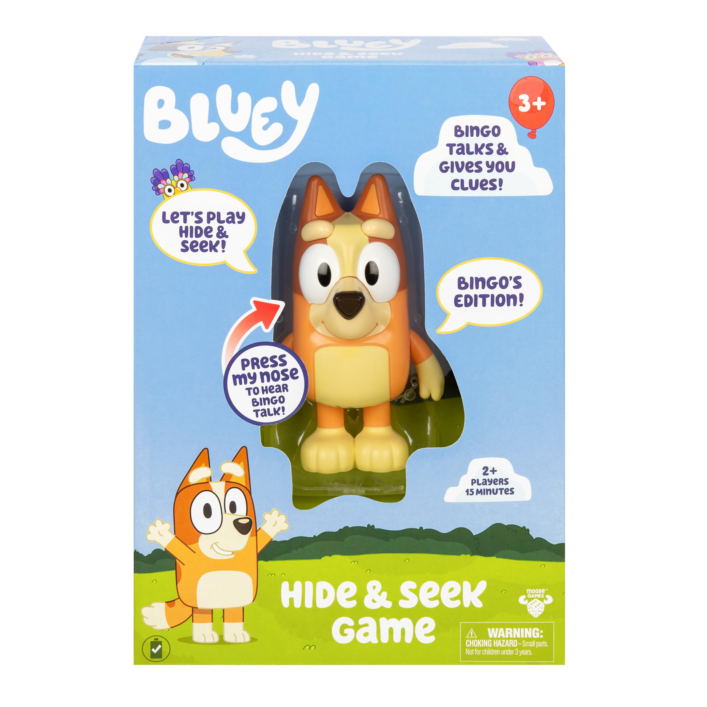 Bluey Hide & Seek Game - Bingo, Hide The Bingo Figure And Press Her Nose To Start The Built-in Timer, Bingo Talks And Giggles To Help Kids Find Her, When Found, Kids Can Dance To Bluey's Theme Song