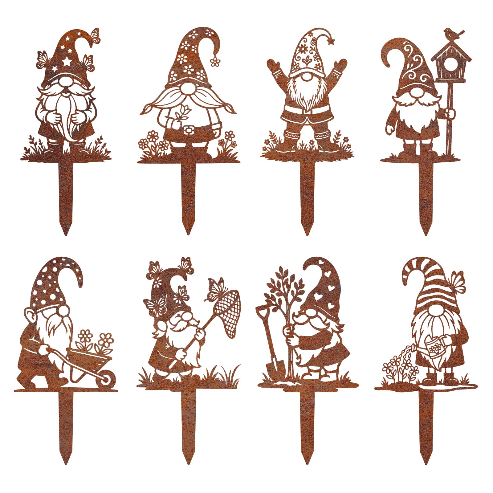 CUTHOLLOW 8PCS Garden Gnome Rusty Metal Garden Stakes, Yard Art