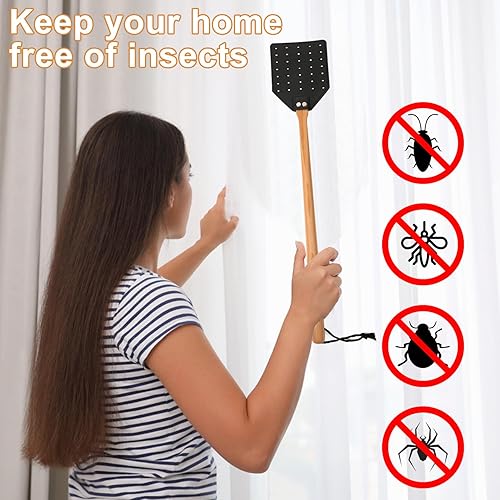 Miniatura 5 de Matamoscas de cuero, matamoscas manual resistente con mango de madera largo y cuerda para colgar, matamoscas duradero, matamoscas de avispas para