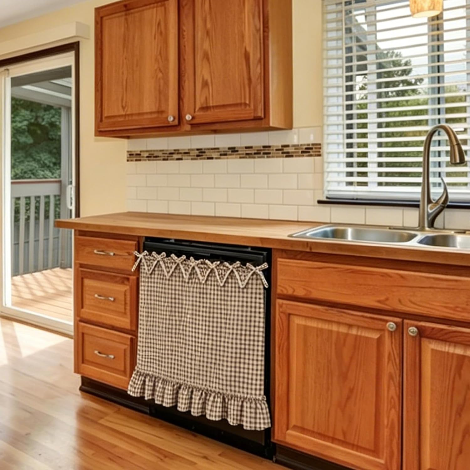 Oven Skirt Curtain Tie Top Farmhouse Plaid Stove Dishwasher Curtain Cover