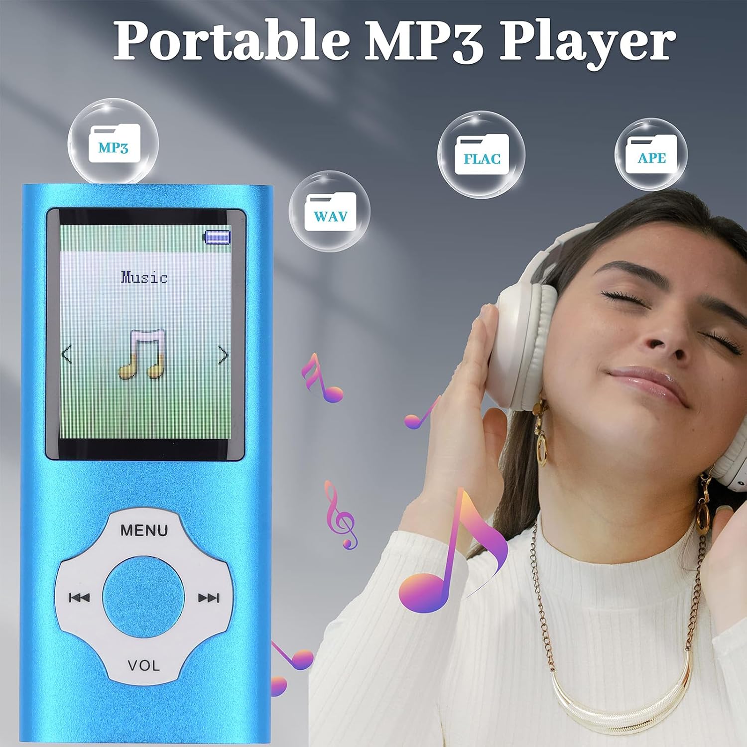 ດ້ານໜ້າ view of the Denash Portable MP3 Player in blue, showing the screen and control buttons.