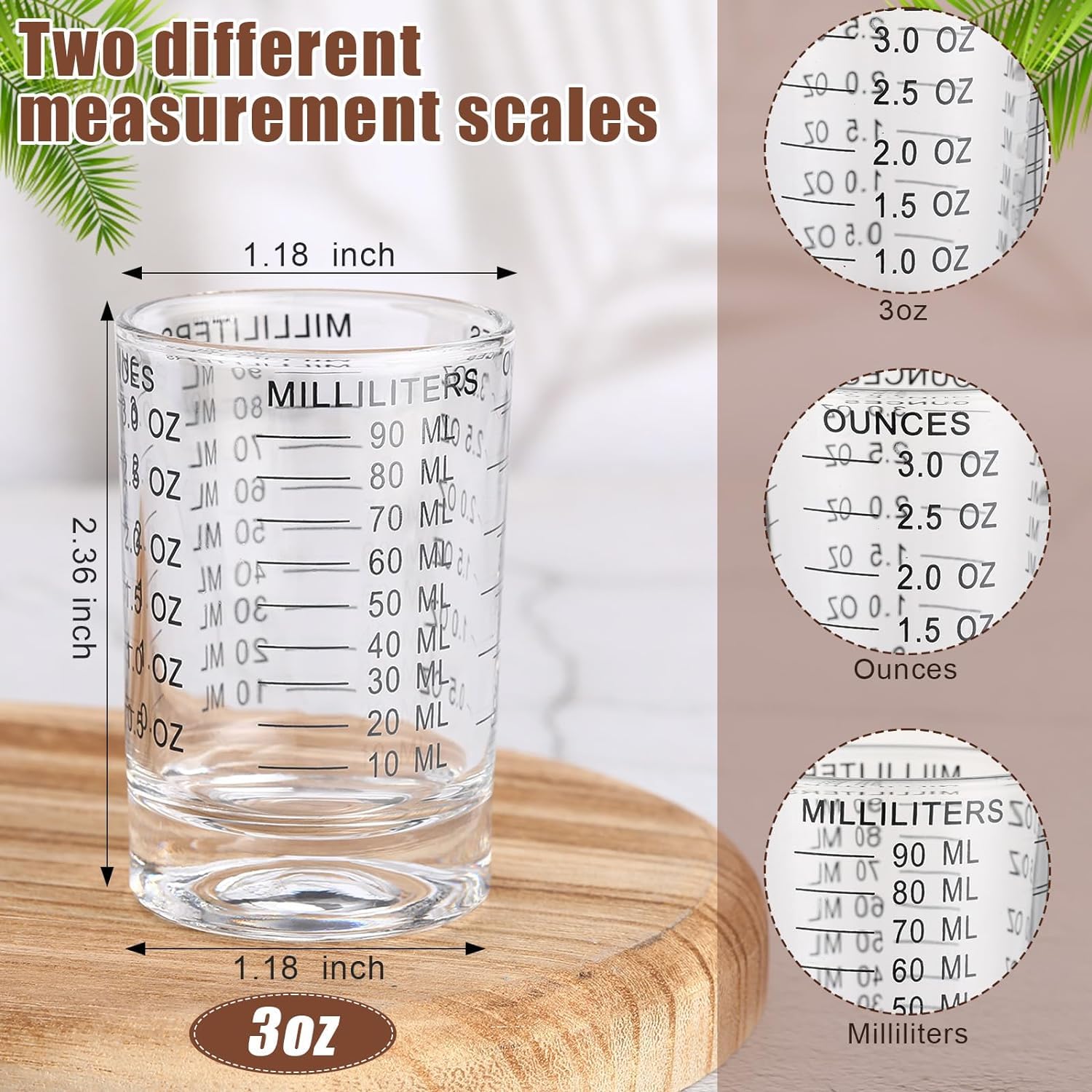 2 Pezzi Misurino in Vetro con Scala Chiara, Misurino Graduato in Vetro Misurini Mini Resistente al Calore con Bilancia Set di Misurini con 2 Cucchiai per Bar Feste Cucina Cocktail (90 ml
