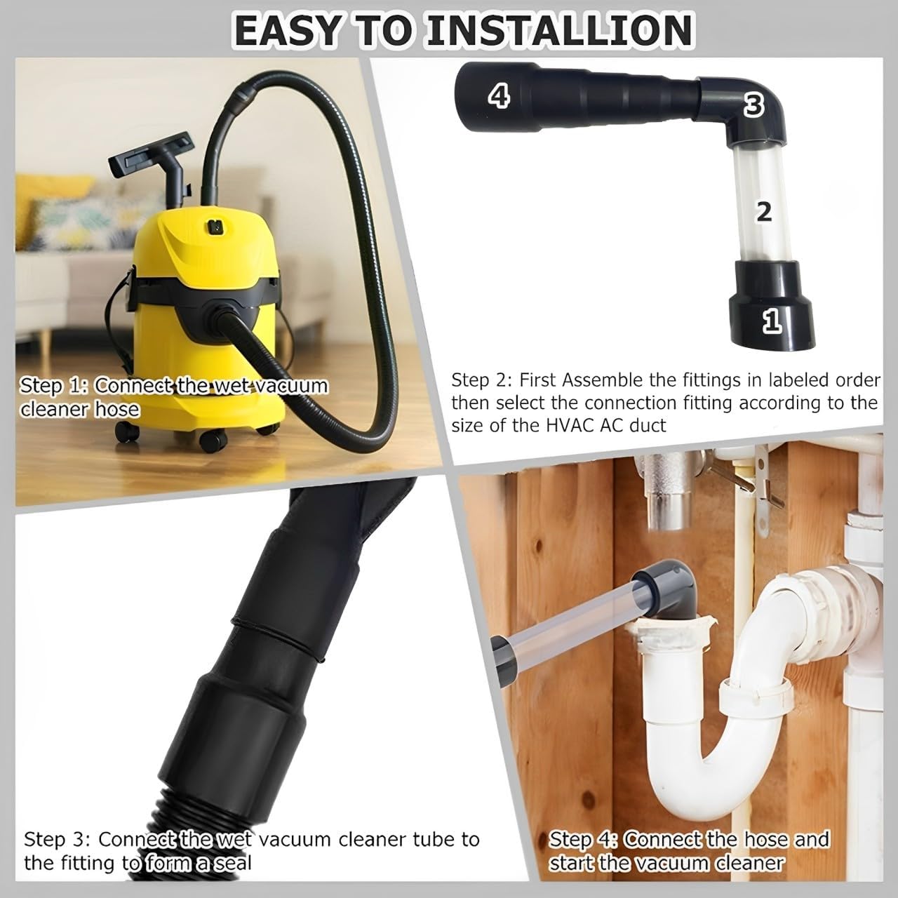 Wet Vac Attachment Drain Line Vacuum Adapter Kit to Unclog and Evacuate A/C HVAC Drain Lines, Universal Ac Drain Line Cleaner Tool Vacuum Hose To PVC Pipe DN25 1“ Adapter (Dark Grey)