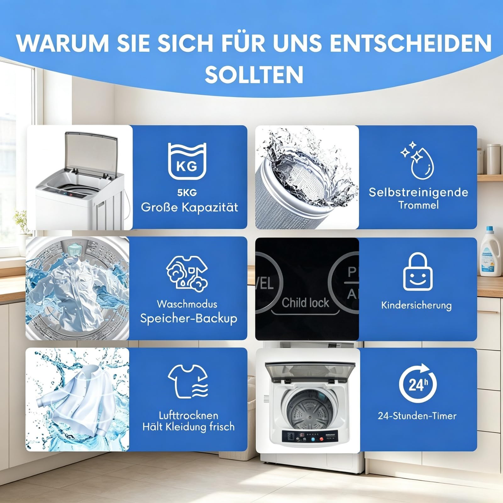 Winado Toplader Waschmaschine 7KG ohne Waschmittelfach & Heizfunktion