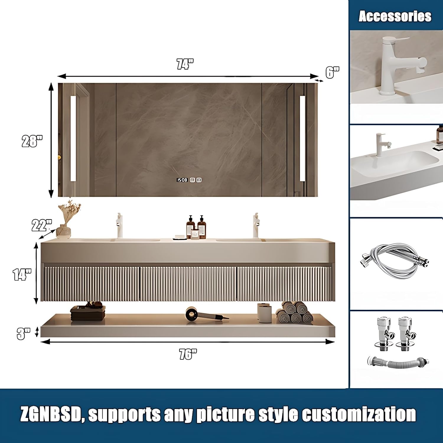 Double Sink Bathroom Vanity - Solid Wood Bathroom Vanity with Smart Defog Mirror Cabinet ? Light, Floating Double Sink Cabinet with Abundant Storage Space (76IN)