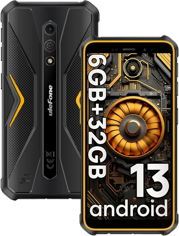 Ulefone Armor X12 Móvil Resistente 2024 Android 13 Go, Teléfono Movil 5,45" HD, 6GB+32GB(256GB SD) Smartphone Robusto, 4860mAh Batería, 13MP+8MP Cámara, IP68/IP69K Doble 4G/NFC/GPS/OTG/Naranja