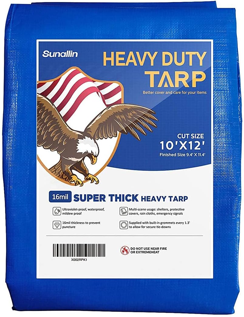 Heavy Duty Tarp Waterproof 10x12, Sunallin Camping Tarps Super Heavy Duty Waterproof 16 Mil Thick, Large Multi-Purpose, Tarp Poly Cover : Tools & Home Improvement