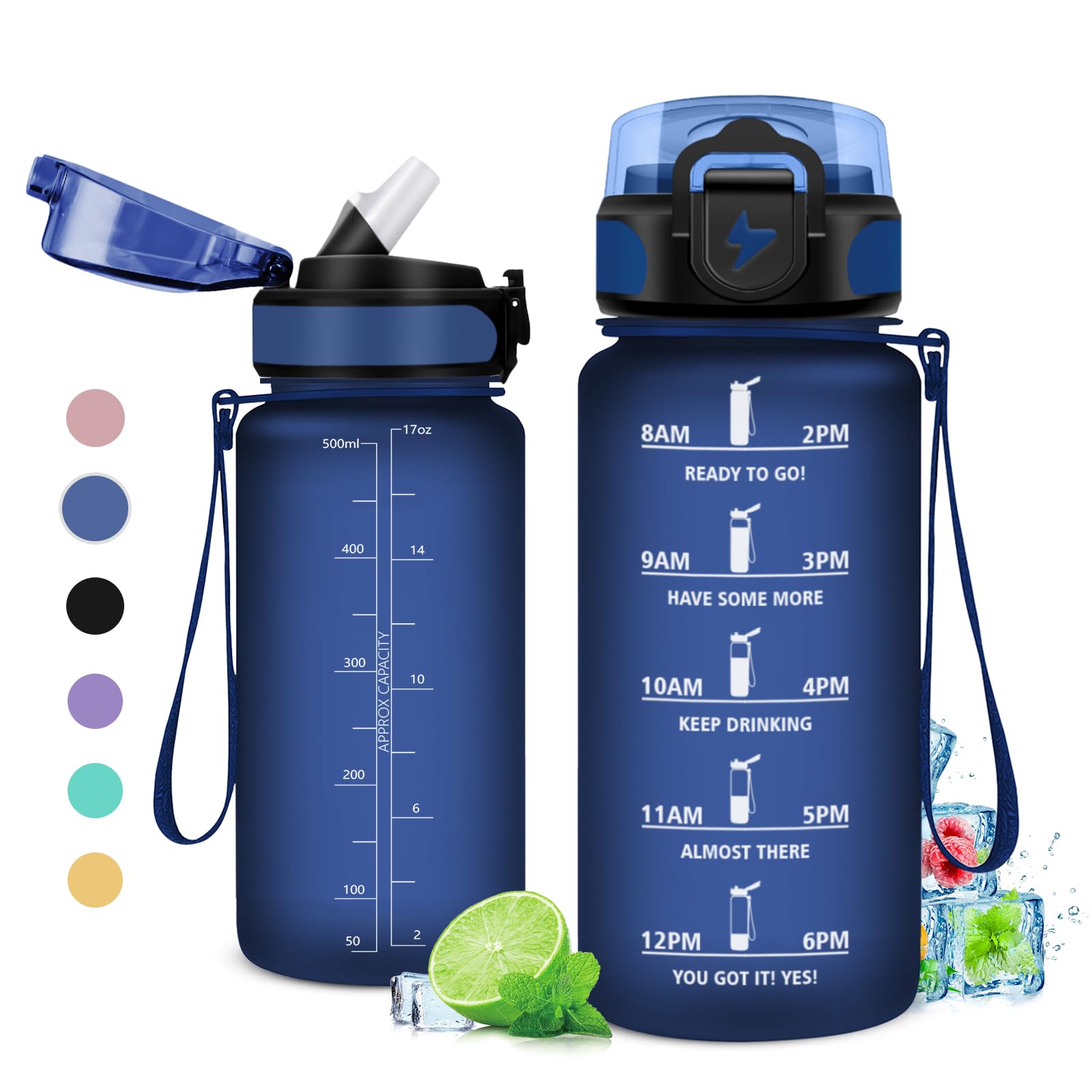 KollyKolla Kids Water Bottle 500ml, Water Bottle with Straw, Leak-proof Gym Water Bottle, Sports Water Bottle with Time Marker, Motivational Water Bottle for Adult, Bike, Travel
