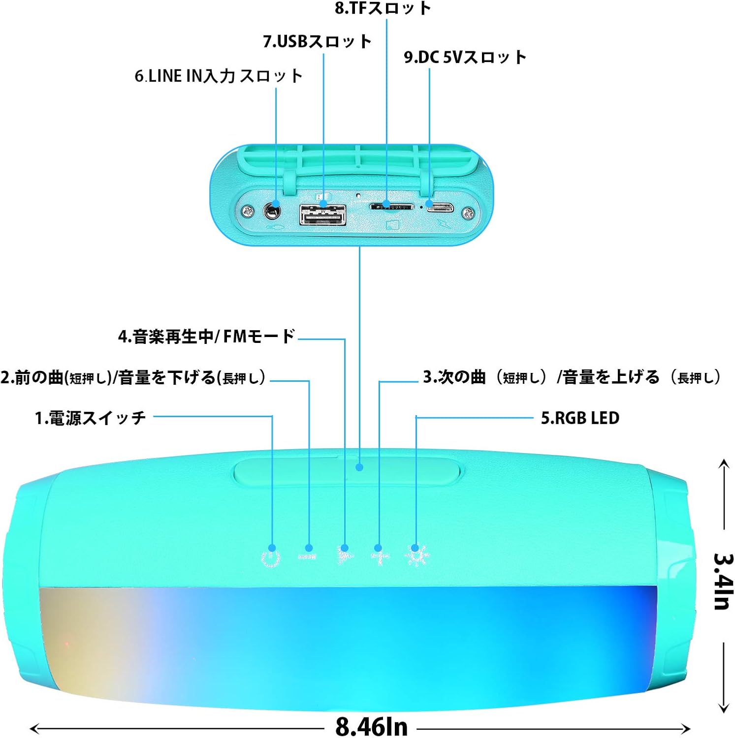 Bluetooth スピーカー ブルートゥース スピーカー IPX3防水 AUX入力/TFカード/LINE IN 対応 低音強化 マイク内蔵 カラフルなLEDライト搭載 USB充電スピーカー付き ブルートゥース ワイヤレス スピーカー 屋外 旅行 お風呂適用(green)