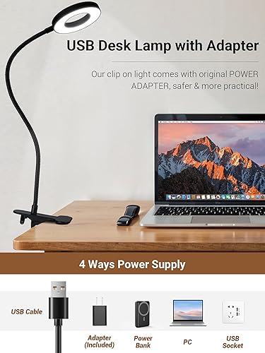Miniatura 7 de Luz de clip, 3 colores + 10 luces de lectura de brillo para libros en la cama, lámpara de escritorio brillante de 550 lúmenes con abrazadera,