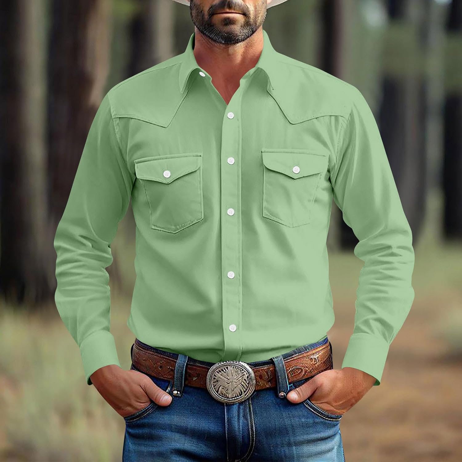 Western Shirts for Men Fall Long Sleeve Classic Work Tshirt Dressy Casual Plain Turn Down Cowboy Sport Tops with Two Pockets