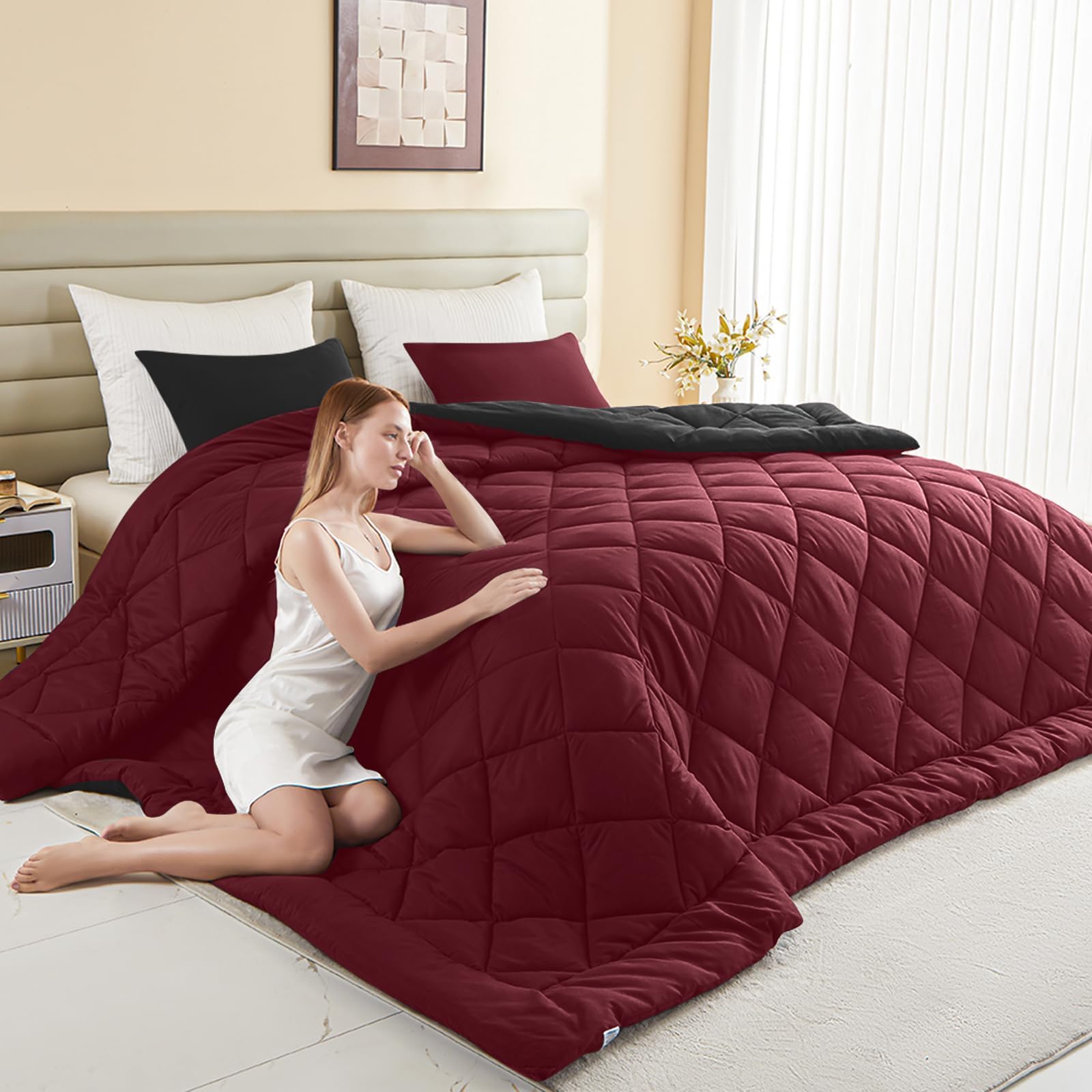 Photo 1 of 132x120 Alaskan King Comforter, Extra Large King Size Comforter Oversized, All Season Soft Lightweight Quilt Down Alternative Duvet Insert with 8 Corner Tabs, Black&Red