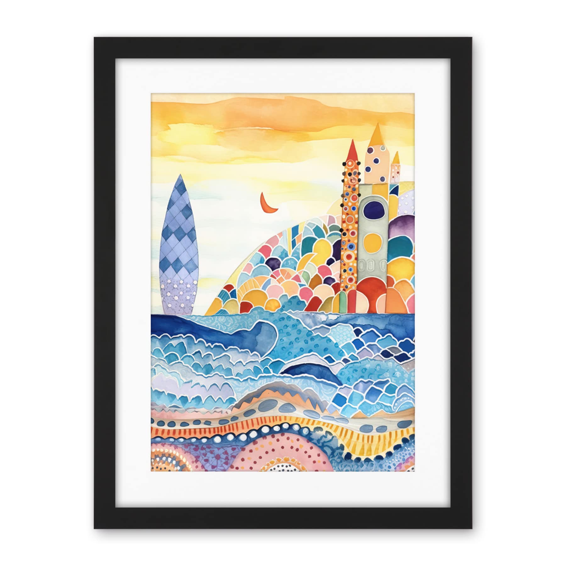 Artery8 Abstract Seascape Waves On Beach Folk Art Bathroom Artwork Framed Wall Art Print 18X24 Inch