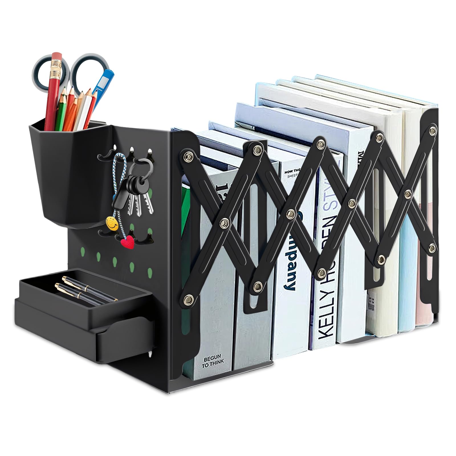 Book Ends - Heavy Duty Expandable Bookends, Metal Bookends Adjustable for Book Shelves Desk Organiser Non-Skid Book Holder for Kids School Supplies(Black)