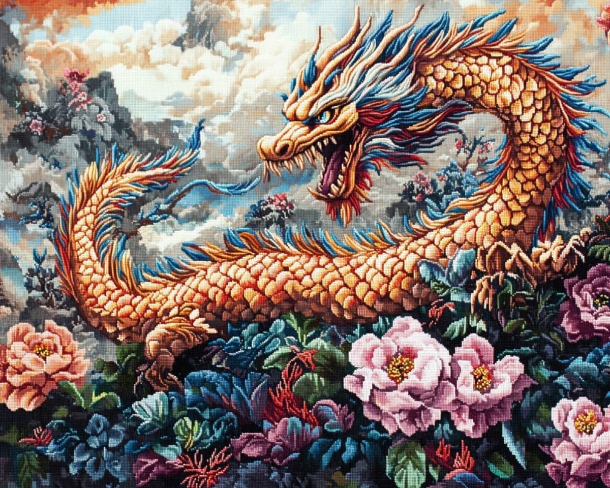 AxiangziK DIY Cross Stitch Art Craft 12x16 inch,Dragons and Flowers Cross Stitch Kits for Adults Fabric with Accessories,11ct Pre Printed Stamped Embroidery Kits