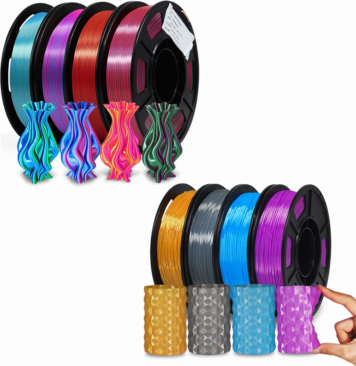 YOUSU 95A TPU 3D Printing Flexible Filament 4x250g+ Silk Dual Color PLA 3D Filament 4x250g，Total 8x250g