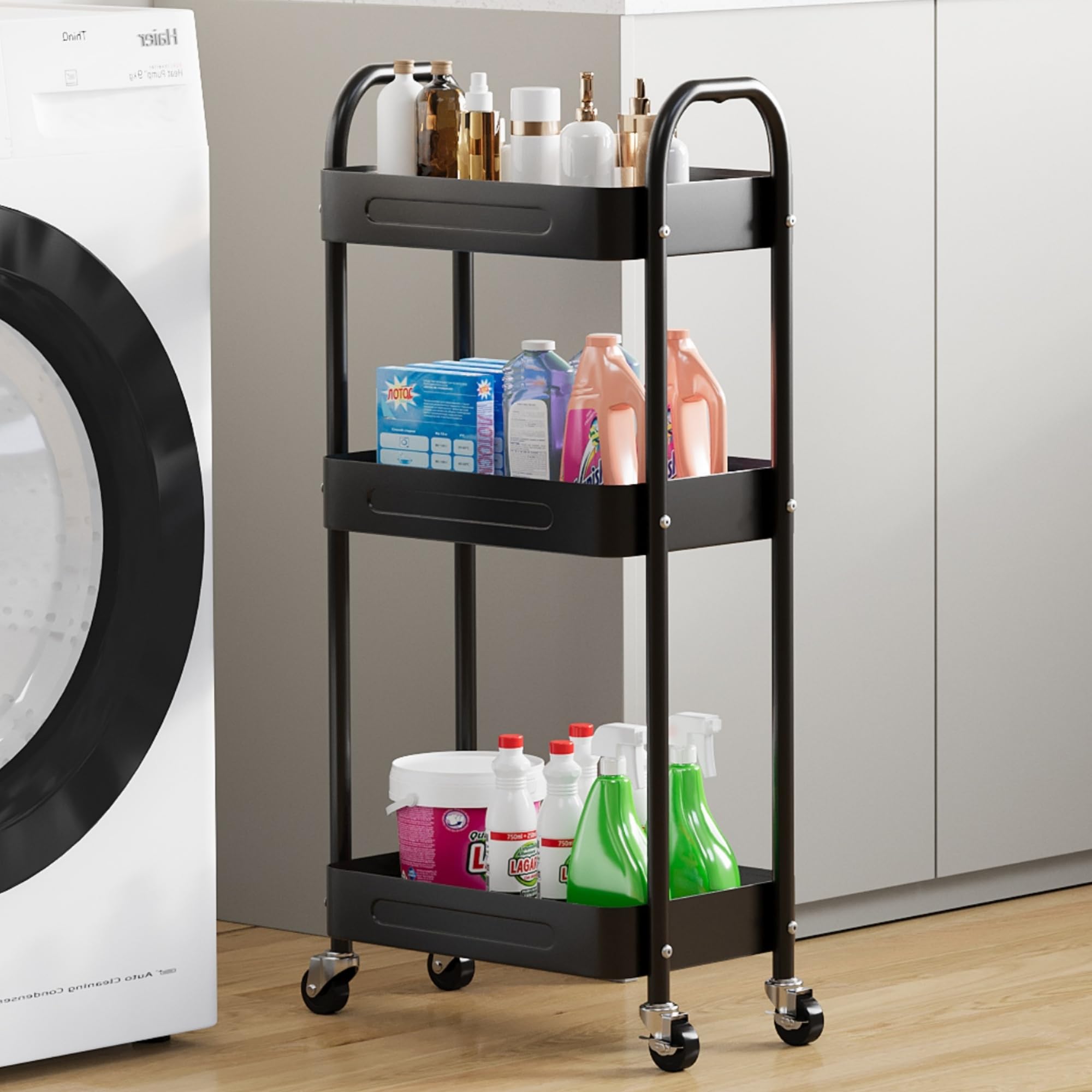 LIWNYRK 3 Tier Slim Metal Rolling Storage Cart for Laundry Room & Kitchen Organizer, 7.1'' Thin Standing Shelf for Narrow Spaces, Utility Cart with