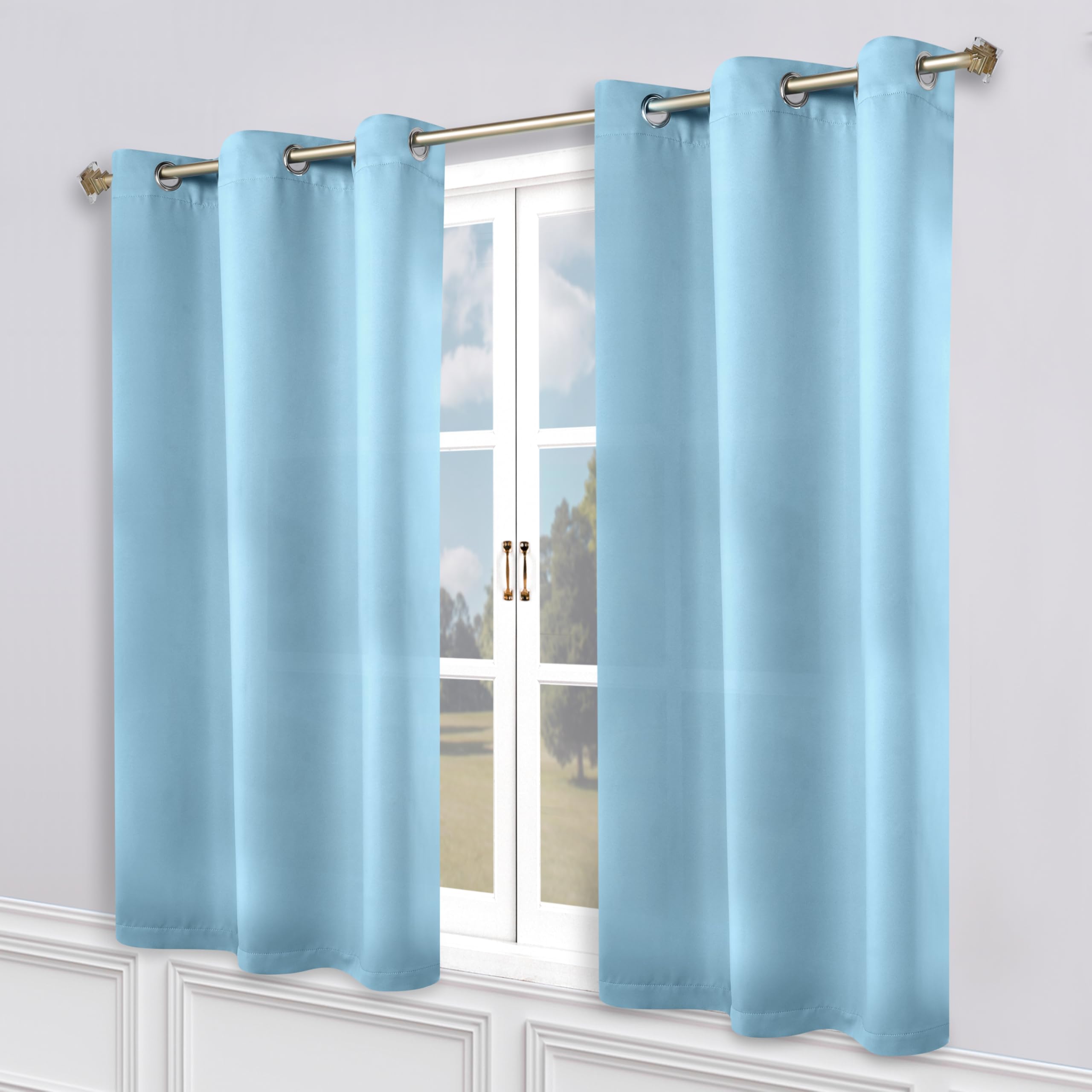 superior blackout curtains, room darkening, bedroom, drapes, kitchen, living room window accents, sun blocking, thermal, 2 pack, 8 grommets, solid blackout curtains, set of 2, 52" x 72", light blue