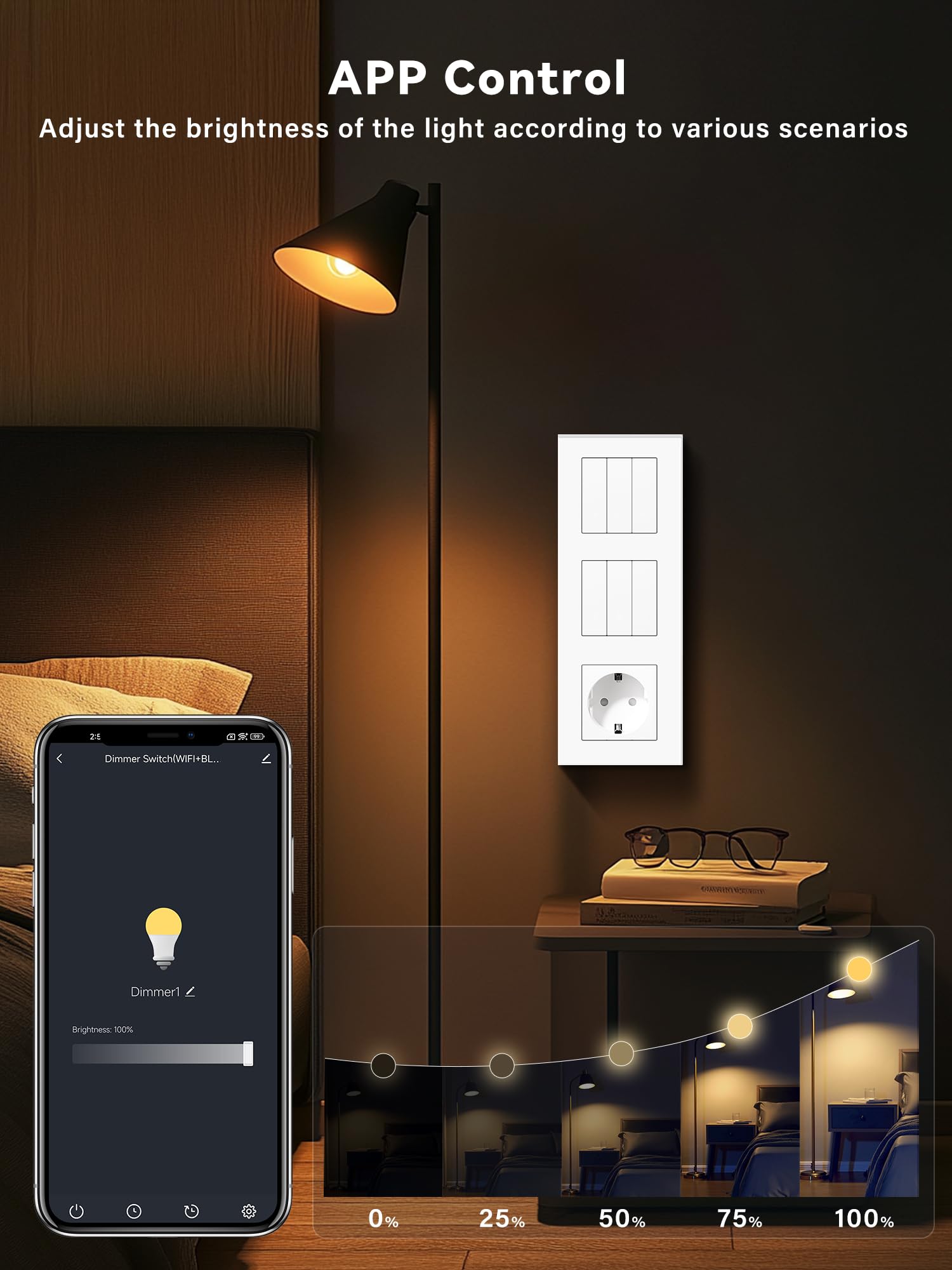 Interruttore dimmer intelligente WIFI con presa Schuko, presa normale, 1 interruttore dimmer, 2, compatibile con Alexa/Google Home, interruttore dimmerabile, bianco (neutro richiesto)