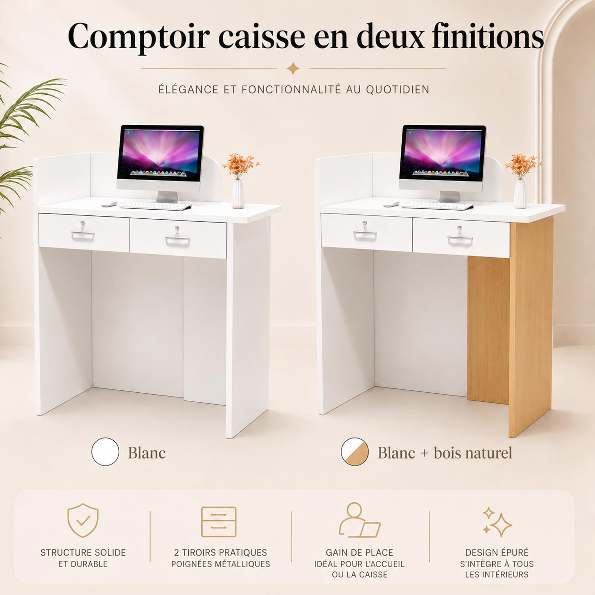 Comptoir Caisse Compact, 2 Tiroirs à Serrure, Passe-câbles