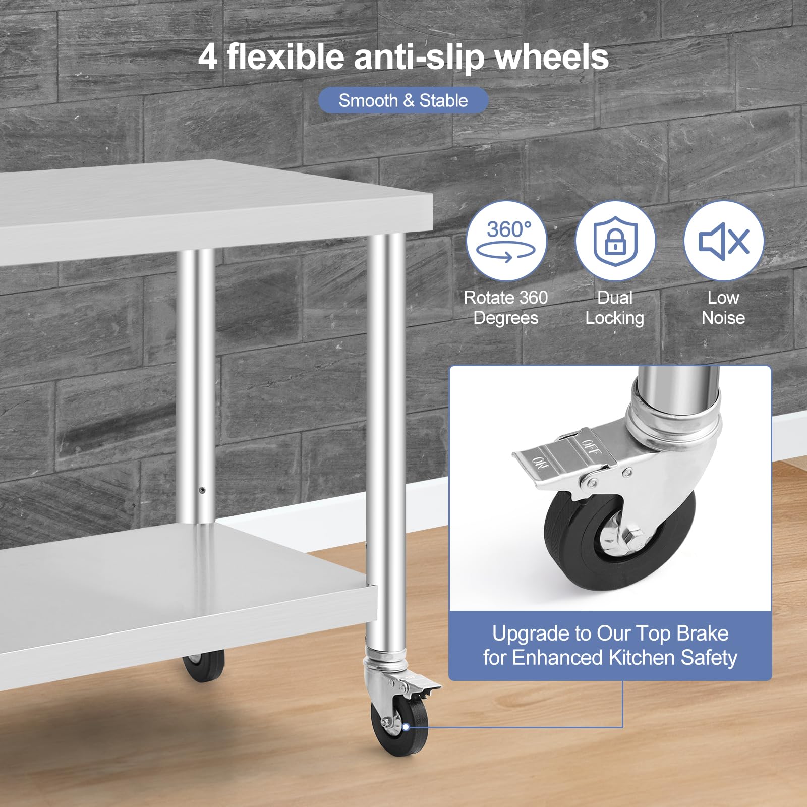 GarveeTech Mesa de trabajo de acero inoxidable, mesa de cocina ajustable con ruedas para preparación de alimentos, 91 x 60 cm, mesa de metal profesional para restaurante, hotel, cocina grande