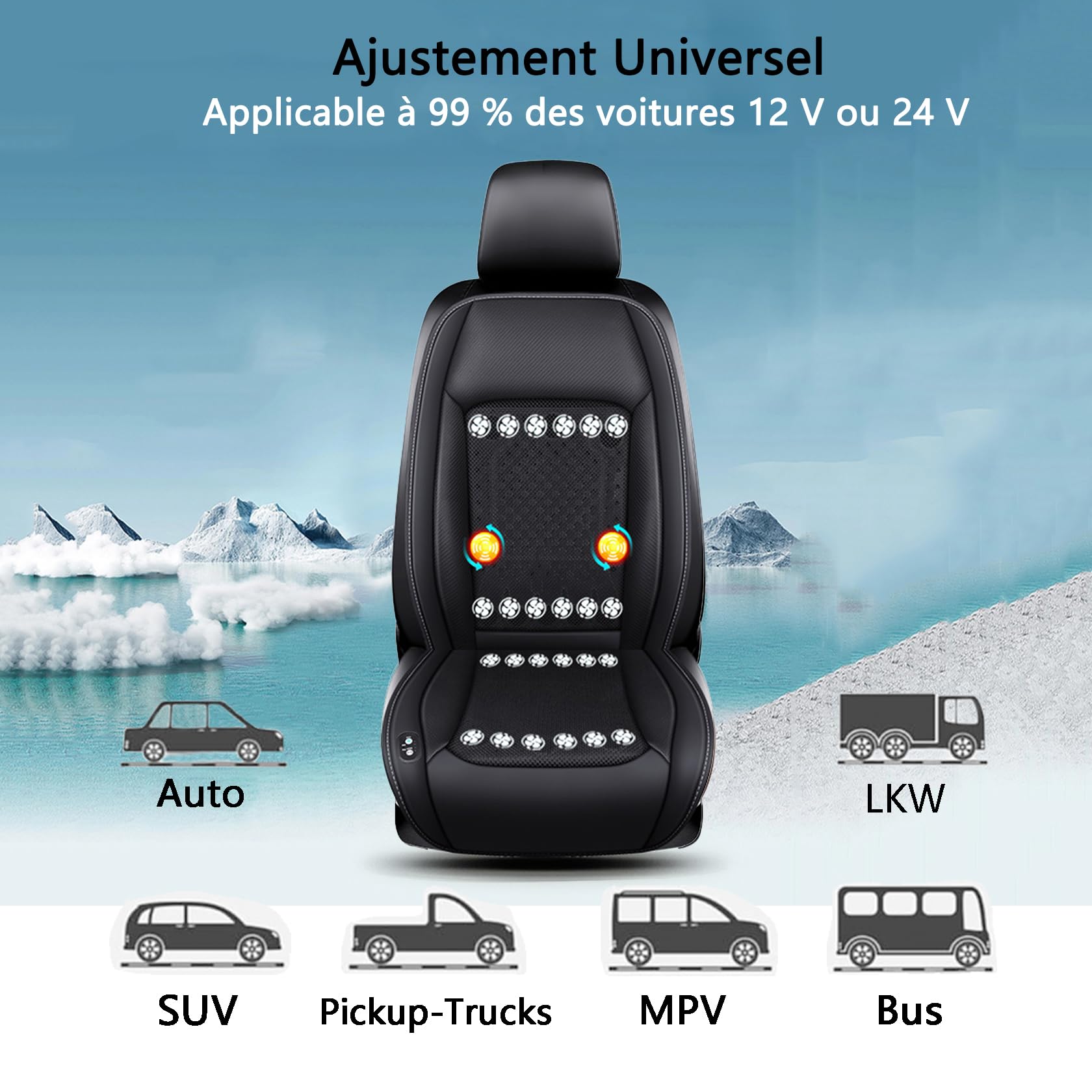 Coussins de Siège Auto de Voiture Ventilés 12-24V Housses de Siège Rafraîchissantes avec Massage Ajustement Universel Housse de Protection de Siège avant Refroidie 1 Pièces (24 Ventilateurs Noir)