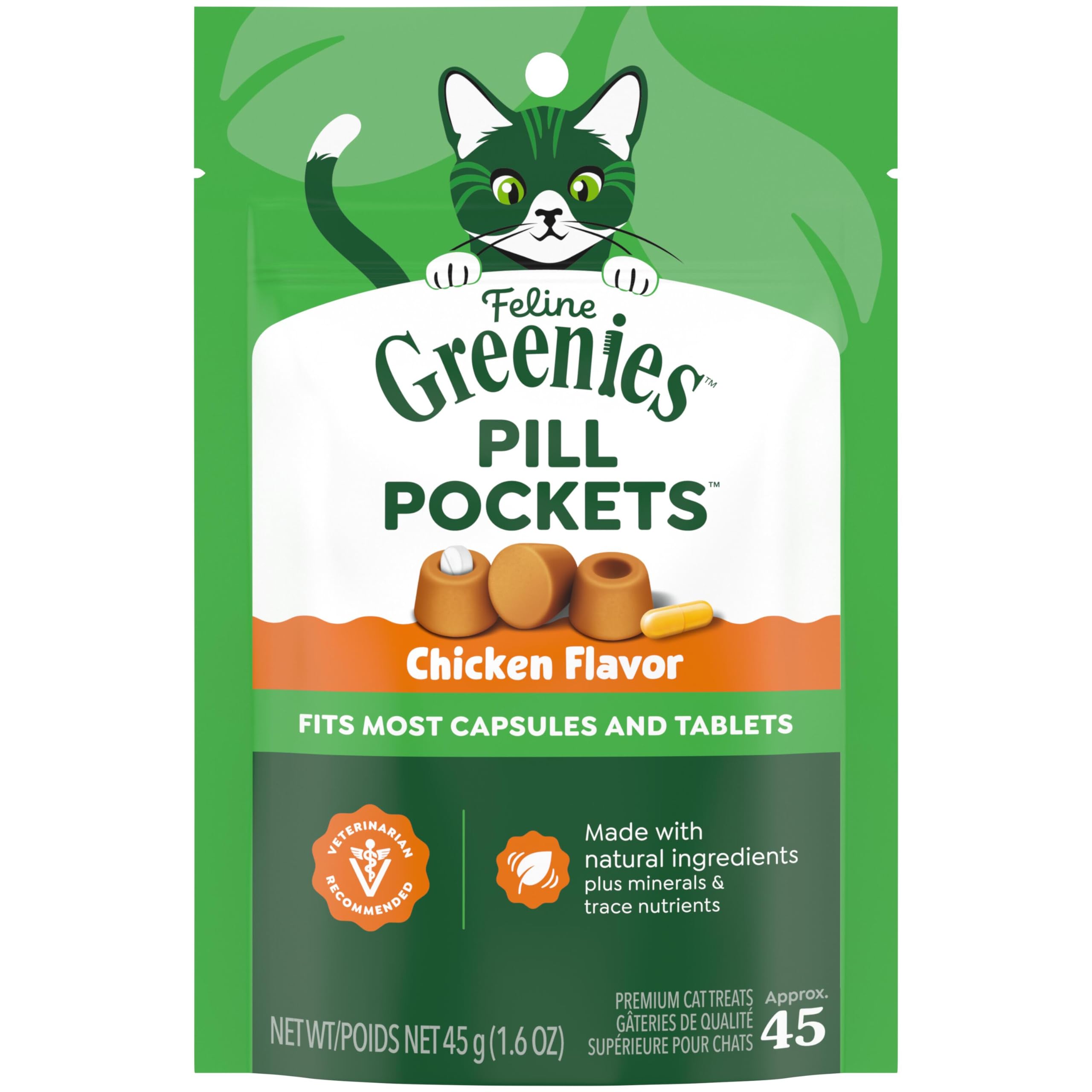 Greenies FELINE PILL POCKETS Treats for Cats Chicken Flavor - 1.6 oz. 45 Treats