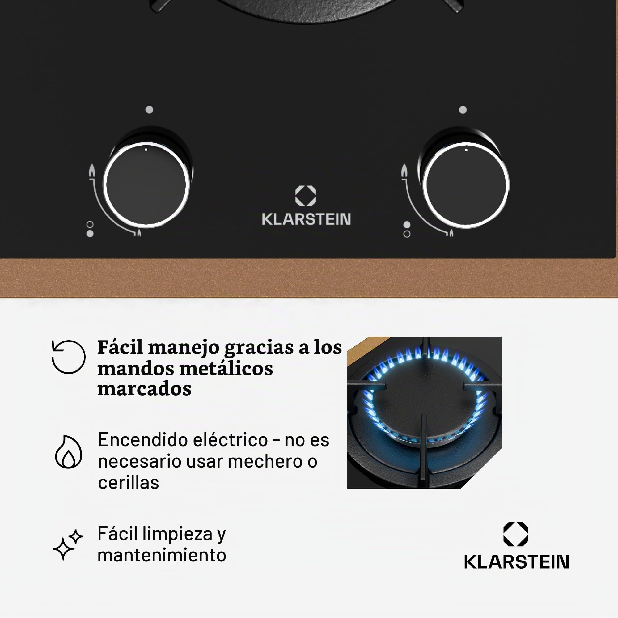 Klarstein Lumiflame Placa de Gas, 2 Quemadores, 4,2kW, Superficie de Cristal Templado, Encendido Eléctrico, Seguridad FFD, Marco de Cobre, Soportes de Hierro Fundido, Compatible con GLP/Gas Natural
