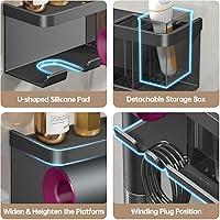 Vista 3 de Soporte para secador de pelo, organizador de secador de pelo, soporte para secadora de pelo, montado en la pared con estante para baño, salón, Gris