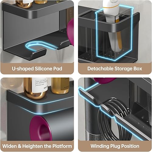 Miniatura 3 de Soporte para secador de pelo, organizador de secador de pelo, soporte para secadora de pelo, montado en la pared con estante para baño, salón,