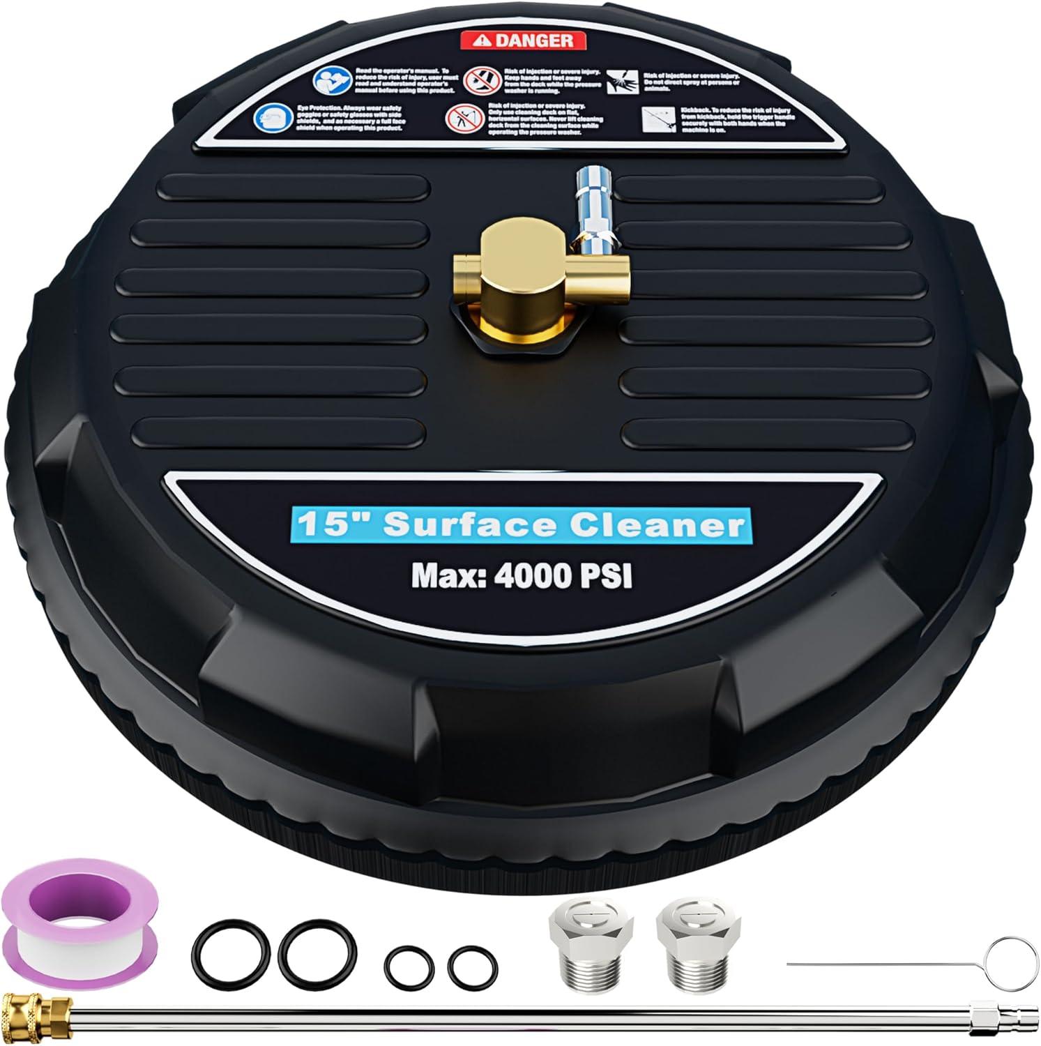 FOTING 15" Pressure Washer Surface Cleaner Attachment, 4000 PSI 3.0GPM Power Washer Accessory Rotary Brush with 2 Nozzles - 1/4" Quick-Connect for Driveway Outdoor Patio Housing Cleaning