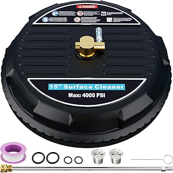 FOTING Pressure Washer Surface Cleaner Attachment, 4000 PSI 3.0GPM Power Washer Accessory Rotary Brush with 2 Nozzles - 1/4" Quick-Connect for Driveway Outdoor Patio Housing Cleaning, 15"