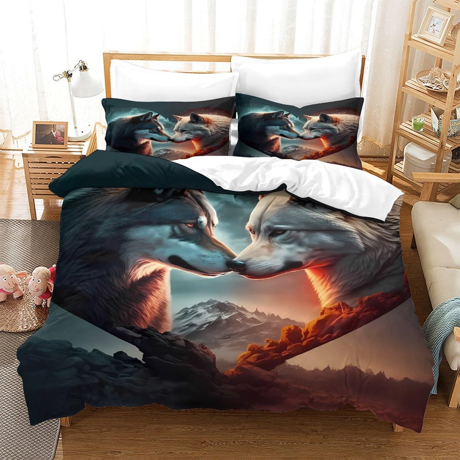3D Druck Wolf Pärchen Bettbezug Mikrofaser Schlafzimmer Deko Wolf Kunst Bettwäsche Set Hautfreundlich Atmungsaktiv Erwachsene Jugendliche Super King（260x220cm）