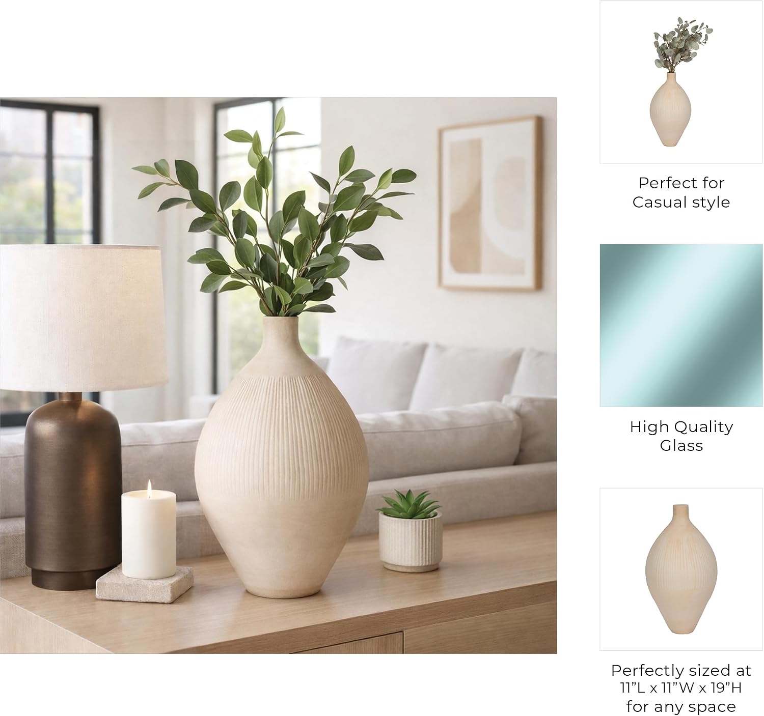Textured Glass Vase for Living Room Decor Display - Warm Home Decor Accents with Soft Vertical Ribbing - Decorative Flower Vase for Room, Bedroom, House, Office, and Table Styling - 19", Ivory & Tan
