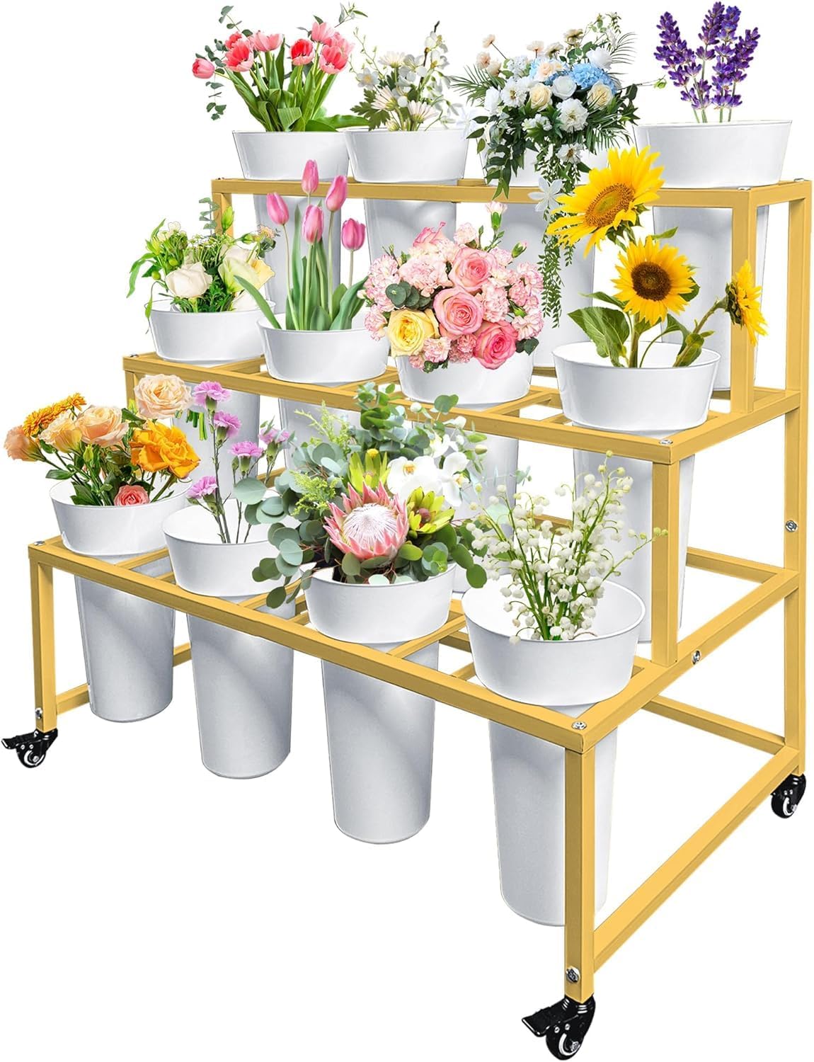 INDIAN DECOR 39912 Flower Display Stand, Flower Cart, Flower Stand Metal with Wheels, Moving Florist Bouquet Shelf (Gold, 3-tier Rectangular)