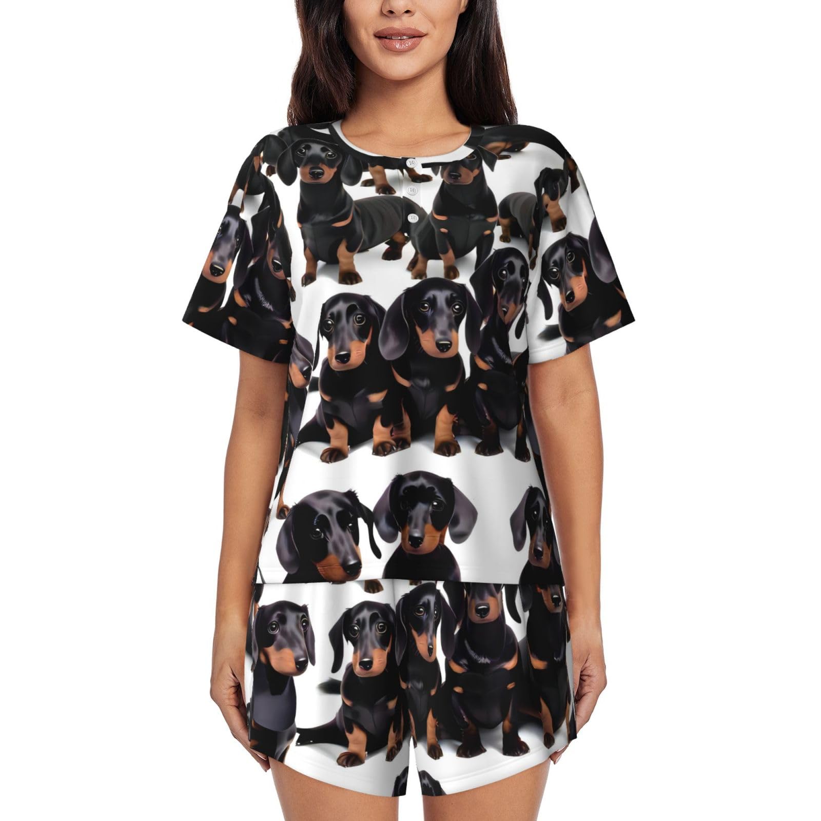 Wurton Unisex Black Dachshund Weiner Pet Dog Print Women's Shorts Pajama Set Short Sleeve Sleepwear Nightwear Pjs S-4Xl, S