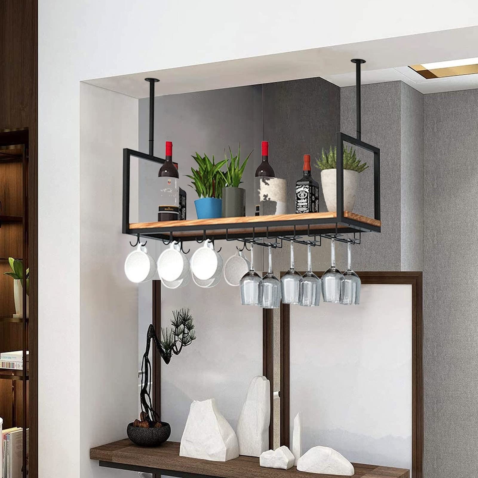 Étagère de plafond pour bouteilles et verres en bois massif premium