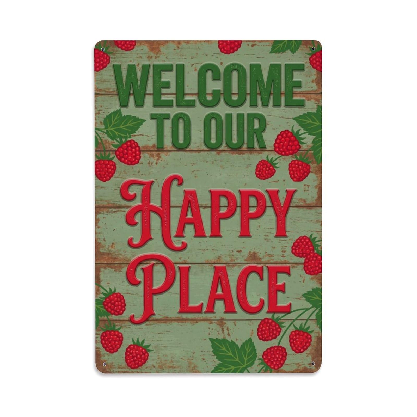 Welcome To Our Happy Place Thimbleberry Garden Metal Tin Sign Plaque Wall Decor for Cafe, Club Bar, Office, Home Garden Metal Poster 8x12Inch